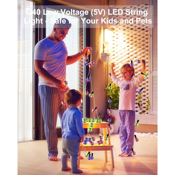 RBG Patio String Light 38FT 5V丨 8 Färglägen丨G40 30 Glas LED-lampor (3 reserv) 丨E12 0,5W 丨 IP44 Vattentät Sladdad Elektrisk Hängande Bistro-ljus