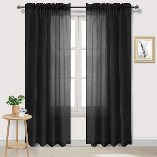 Svarta tyllgardiner, halvskira tyllstångsgardiner för sovrum och vardagsrum, 137 x 213 cm långa, set om 2