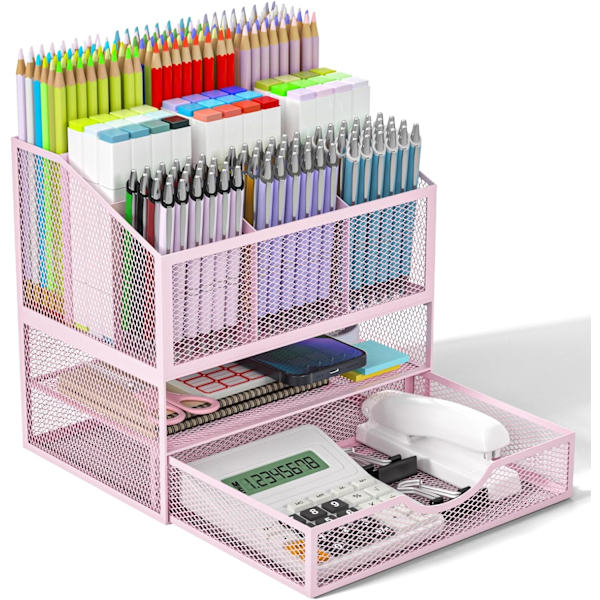 Effektiv opbevaring Pink rt Supply Desk Orgnizer, Surdy Mesh ncil-n Orgnizer Opbevaring til skrivebord, Lrge Mrker Holder Orgnizer Wi Drwer nd Pink