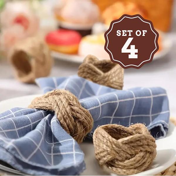 Servettringar i jute, set om 4 | Eleganta guldvävda nautiska servettringar | 100%