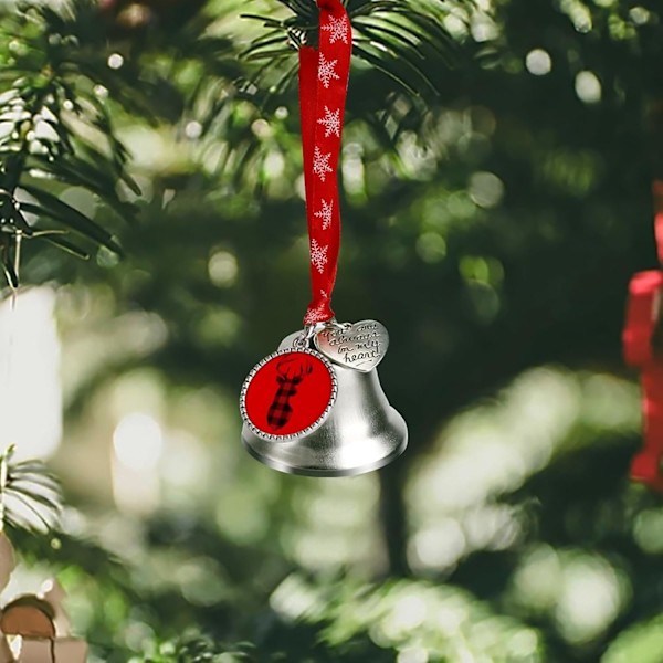 Buffalo Checkers Deer Silver Bell Ornament Julgrans Klockor med Röd Lanyard Metall Xmas Hängande Dekorationer för Semesterfest  Vingklocka