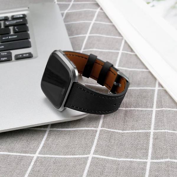 För Fitbit Versa 2 / Fitbit Versa Lite läderklockarmband med runt spänne LPS Black