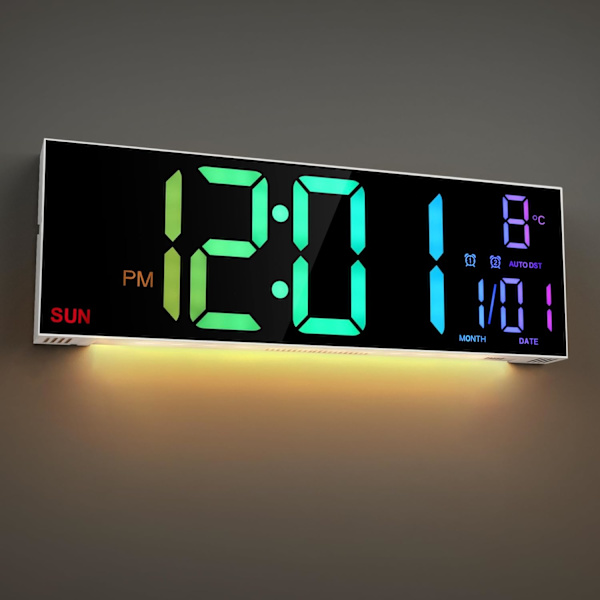 Stor digital väggklocka 16,2 tum skärm med 9 RGB-färger, temperatur, fjärrkontroll, 4 nivåer ljusstyrka dimmer, nattlampa, 2 larm, 12/24H,