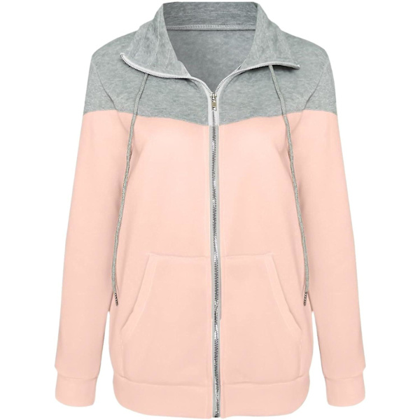 Zip-tröjor för kvinnor - Dam Casual Solid Contrast Långärmad Dragkedja Rockficka Fleece Hoodie Dam Zip Up Pink Medium