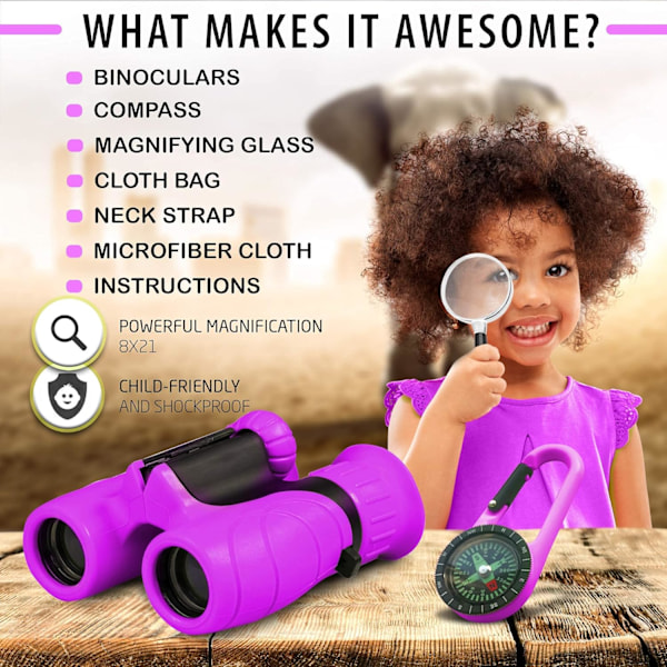 8x21 Kids Explorer Kit - Kikkert med kompass og forstørrelsesglass | Alder 3-12