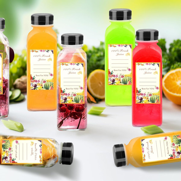 Plastflaskor för juice - Återanvändbara genomskinliga PET-flaskor med tätningslock (6-pack)