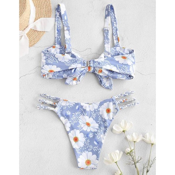 Dames Bred Stropper Binde Knude Flettet Blomster Bikini Sæt Todelt Badetøj