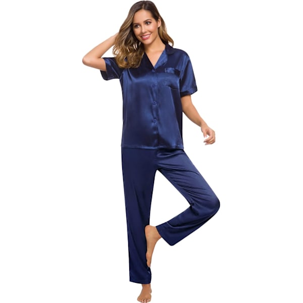 Långärmad pyjamas i siden satin sovkläder knapp ner pjs loungewear med