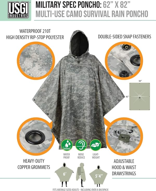 Militærstil Poncho Multifunksjonell Rip Stop Kamuflasje Regnponcho
