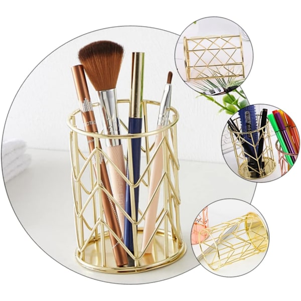 2 stk. guldtrådsmetal skrivebordsarrangør moderne blyantholder skrivebordsbeholdere makeupbørste krukke makeupbørste kop Enkel trådblyantholder til forfængelighed Goldenx2stk.