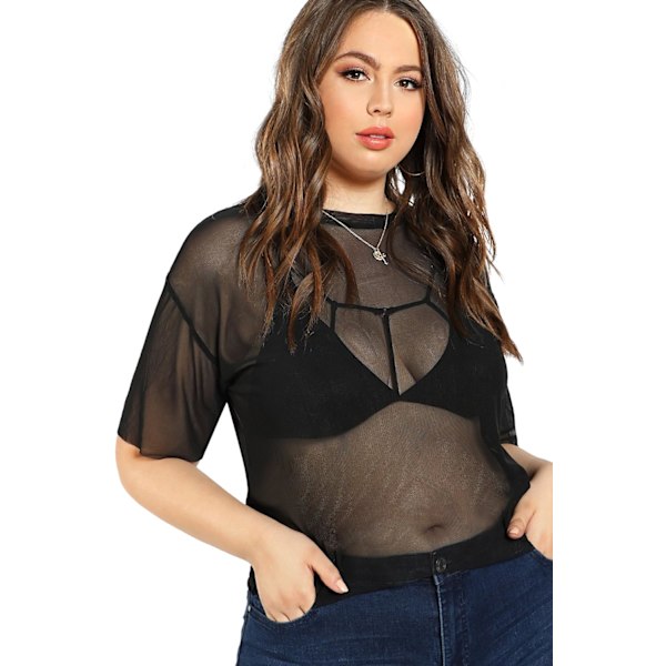 Kvinners Plus Size Kort Ermet Gjennomsiktig Mesh Topper T-skjorte Bluse