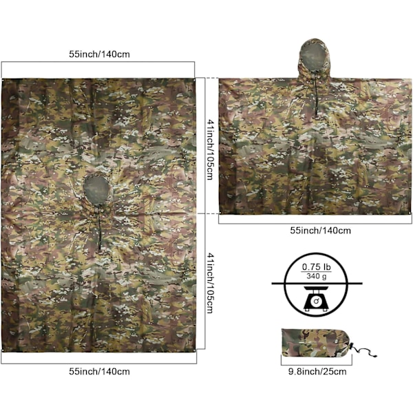 Camo Poncho Militær Multicam Vandtæt Hætte Regnfrakke Rygsæk Cover