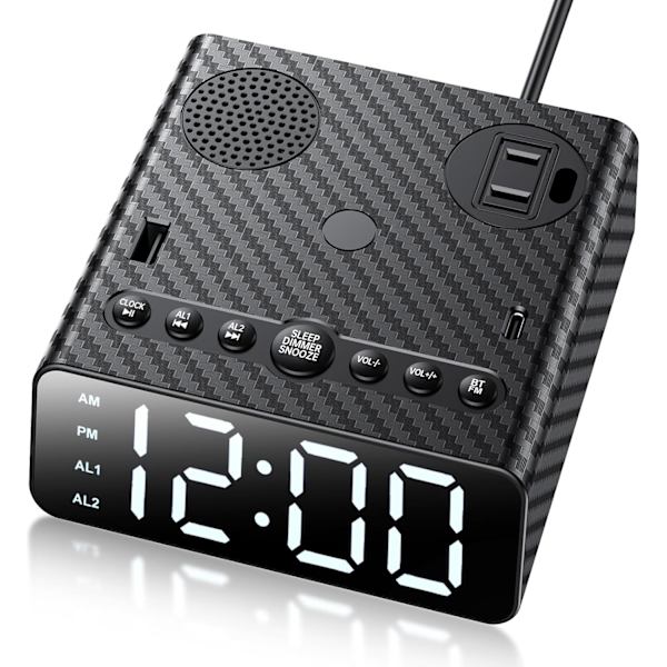 Alarmklocka med grenuttag: Med 2 USB-portar och 1 AC-uttag, FM-radio och trådlös högtalare, 6 fot förlängningssladd, dimbar digital klocka med dubbla
