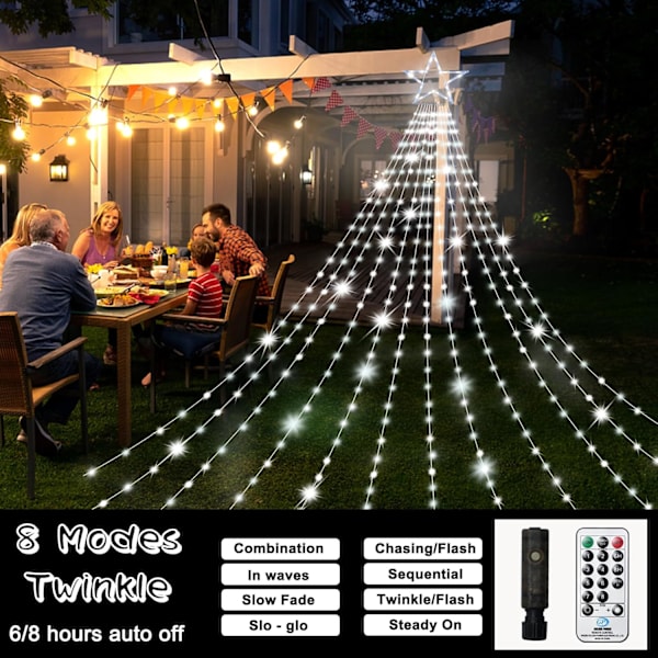 Jul utomhus stjärnstränglampor 23FT 860 LED vattentäta vattenfallsljus med stjärntopper, 8 lägen juldekorationer utomhusgran