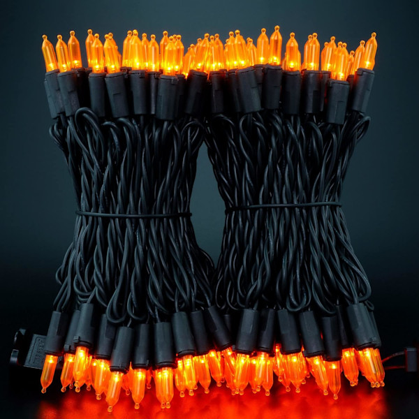 200 Orange LED Julelys med Sort Ledning 66 Fod, Pakke med 2 Strenge 33 Fod 100 Lys UL Certificeret Halloween Lyskæde Sæt (Orange -
