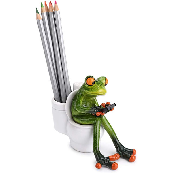 Harpiksfigur av harpiks, 3D-håndverk, morsom grønn frosk som skriver tekstmelding på toalettet, personlig dyrefigur, samleobjekt, froskehåndverk, blyantholder