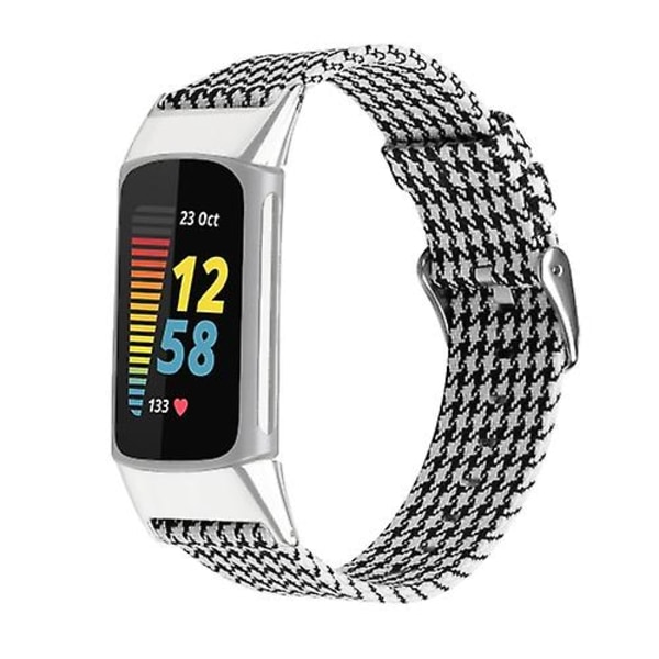 Til Fitbit Charge 5 Nylon Lærred Rem JRT Black White Grid