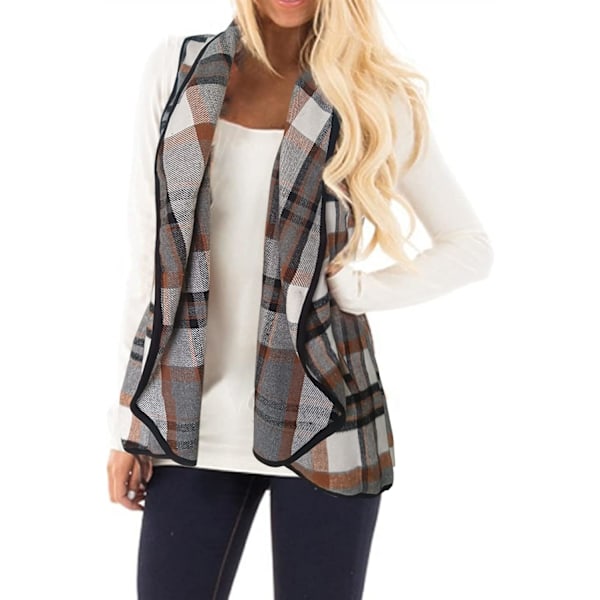 Kvinnor Väst Krage Öppen Fram Buffalo Plaid Ärmlös Kavaj Jacka Kappa med