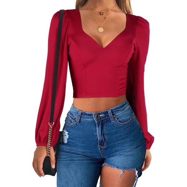 Kvinners Puff Lang Ermet Søt Hjerte Hals Trendy Høst Crop Topper for Kvinner