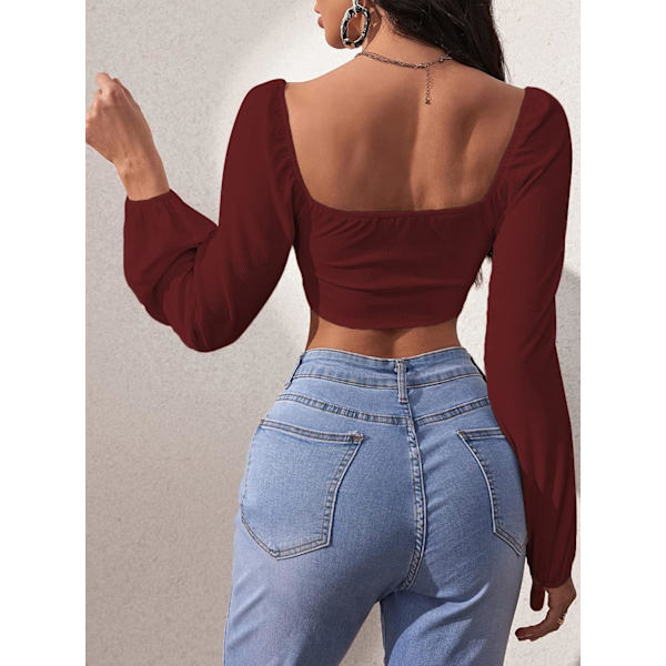 Kvinde Rib Strik Crop Top Langærmet Firkantet Hals Puff Korset Bluse