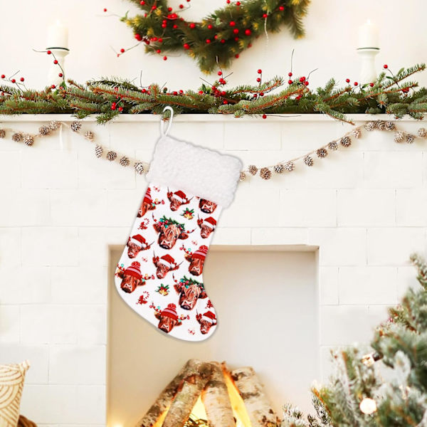 Highland Cow Julstrumpa, Stor Storlek Rustik Farmhus Hängande Socke Träd Dekorationer Eldstad Ornament för Jul Vinter Familj Semester Pa