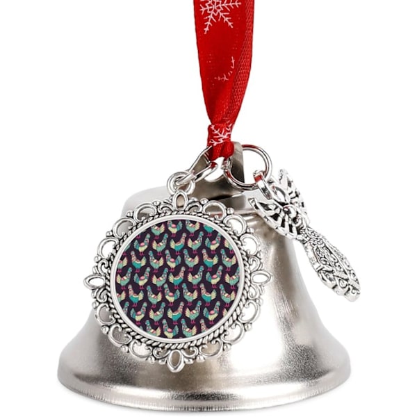 Kycklingmönster Silver Bell Ornament Julgrans Klockor med Röd Lanyard Metall Xmas Hängande Dekorationer för Semesterfest  Vingklocka  Ving