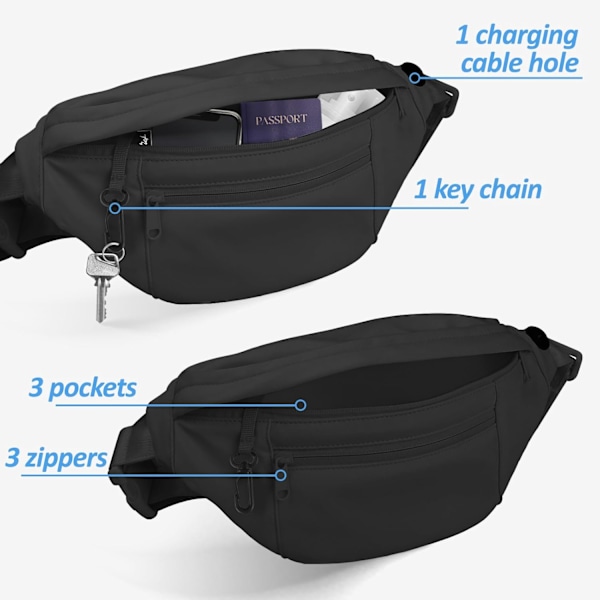 Stor Crossbody Fanny Pack - 3 dragkedjor, stöldskyddad midjeväska