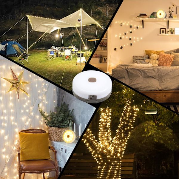 Solcellsbelysning för camping 32,8 fot, uppladdningsbar LED-campinglampa för utomhusbruk, 8 belysningslägen, fjärrkontroll, IP44 vattentät, hopfällbar mörk