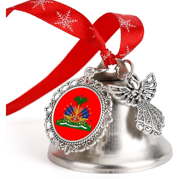 Våbenskjold for Haiti Sølvklokke Ornament Juletræsklokker med Rød Lanyard Metal Xmas Hængende Dekorationer til Feriefest  Vingeklokke