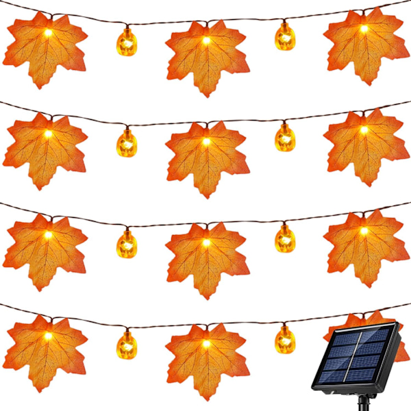 Solcellsbelysning med pumpa och lönnlöv, 50 LED 30ft höstgirlang med lampor Vattentäta pumpa lampor för Thanksgiving Halloween Höst