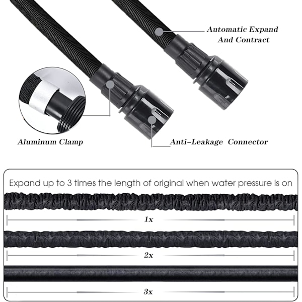 100ft Laajeneva Puutarhaletku - Kevyt 8-toimintoisella Suihkulla - 3/4\" & 1/2\" Liittimet Kasteluun/Pesemiseen (Musta)