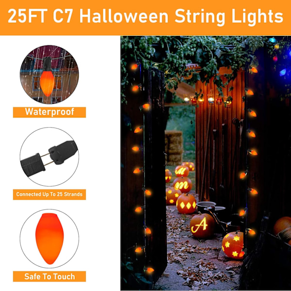 Ljusslinga utomhus, C7 LED-ljusslinga utomhus med 25 C7 LED-keramiska orange glödlampor, plug in C7 Halloween-ljus-svart svart svart