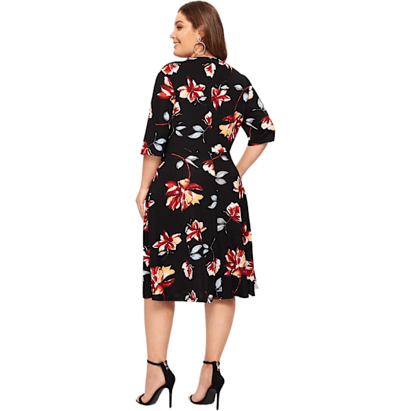 Elegant blomsterprint kjole i plusstørrelse til kvinder - A-form midi-kjole