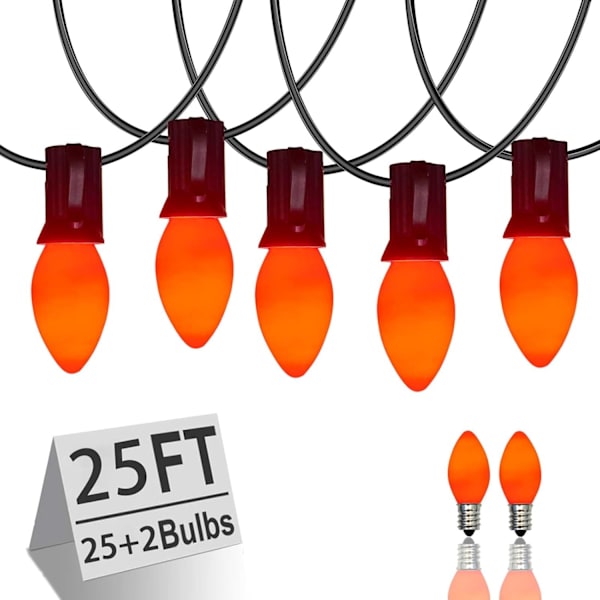 Ljusslinga utomhus, C7 LED-ljusslinga utomhus med 25 C7 LED-keramiska orange glödlampor, plug in C7 Halloween-ljus-svart svart svart