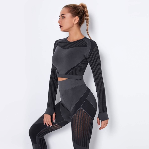 Sömlösa träningsleggings för kvinnor Ripped Mesh Activewear Crop Top Set