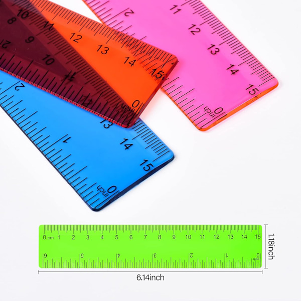 Genomskinlig plastlinjal 6 tum rak linjal - Splittersäker linjal med tum och centimeter (7-pack)