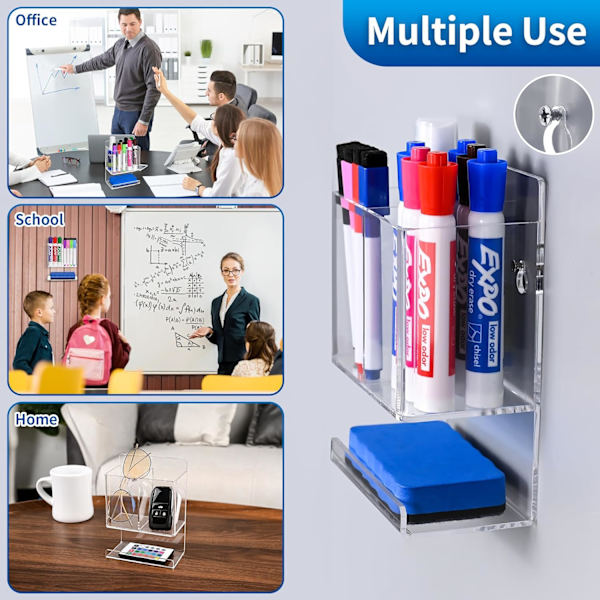 Torr raderpenna hållare, väggmonterad penna hållare för fjärrkontroller, smink, akryl penna hållare för whiteboard, kontor, klassrum, väggmonterad penna hållare