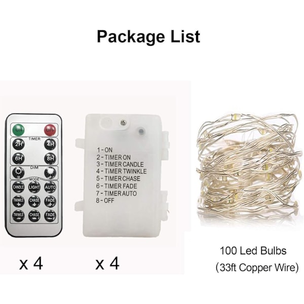 4 pakker 33 fod 100 kølige hvide LED-fe-lys batteridrevet med fjernbetjening timer vandtæt sølv kobbertråd blinkende lys 4 pakker 33 fod