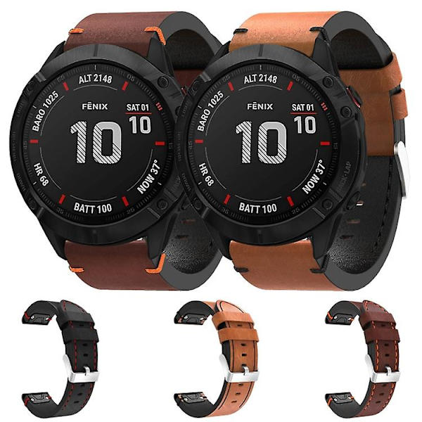 For Garmin Fenix 6x Sapphire 26mm Læder Søm Stål Spænde Urrem VZU Coffee