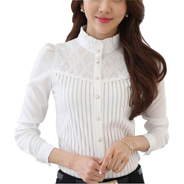 Kvinners Chiffon Vintage Mock Neck Button Down Skjorte Lang Ermet Blonder