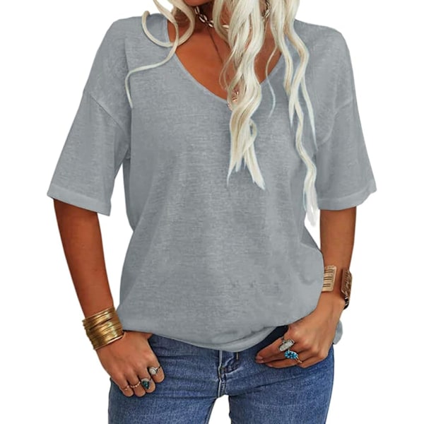 Kvinde Sommer Mode V-hals Halv ærmer T-shirt Solid Casual Løs Basic