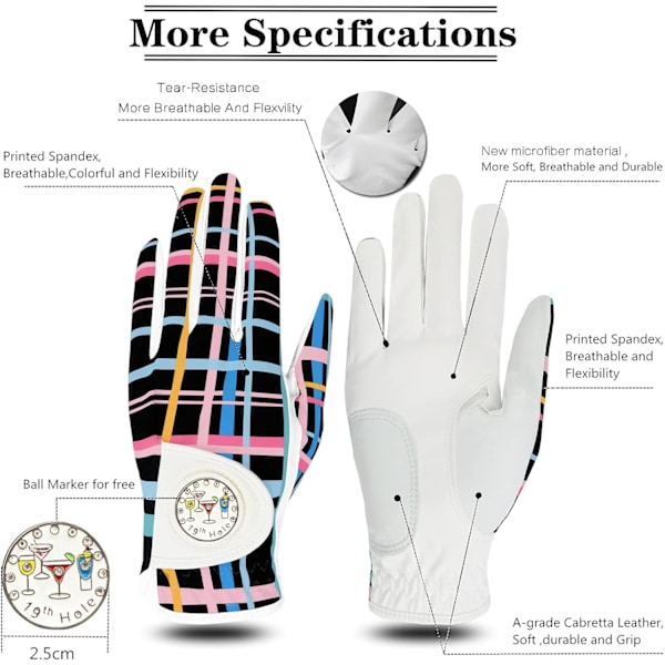 Golfhandskar Dam Vänster Hand Höger - Cabretta Läder med Bollmarkör (Fashion Mönster, 1 Par)