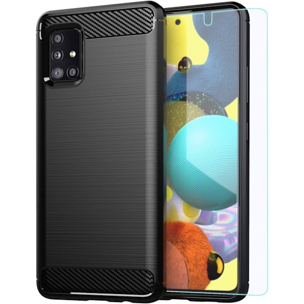 A51 5G Deksel med HD Skjermbeskytter - Slankt TPU Sklisikkert Telefondeksel (Sort Børstet) Samsung Galaxy A51 5G Sort Børstet TPU deksel