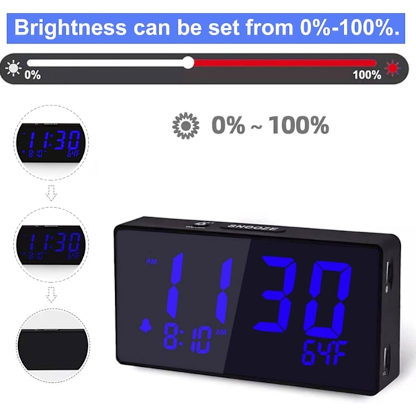 Skrivebords digital alarmklokke for soverom, blå 6\" LED-skjerm, med USB-port for lading, 000 % lysstyrke dimmer, temperatur, slumre, justerbar