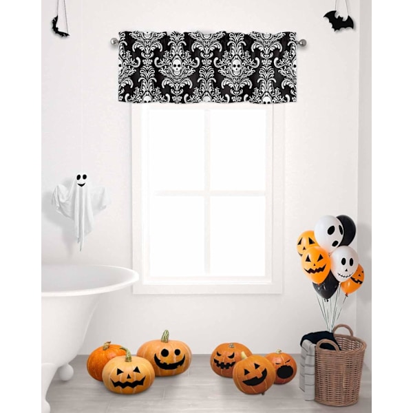 Winow Valance Ro Pocket Panel för kök Beroom Winows Halloween Scary Skl Skeleton amask Flower Valances Kort gardin Badrum Behandling Svart