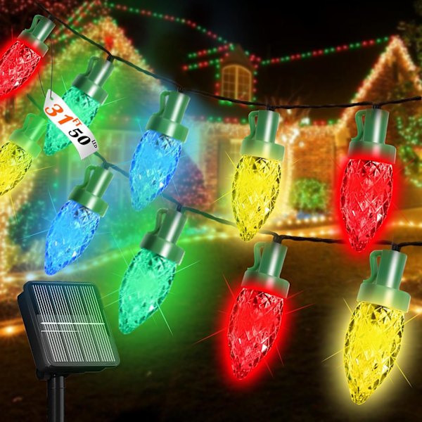 Solcelledrevne julelys til udendørs brug, vandtætte C7 50 LED ultra-lyse jordbær-lyskæde med 8 tilstande, solcelledrevne lys til udendørs have og terrasse