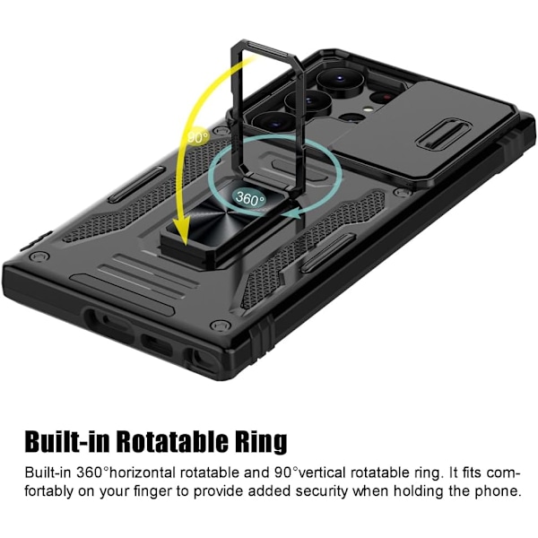 til Galaxy S25 Ultra Cover, Stødsikkert Telefoncover & Skydbart Kameradæksel & Ringholder Støtteben med Blød TPU Skærmbeskytter [Sort] Sort