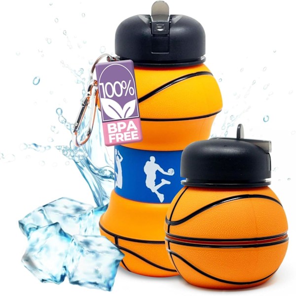 Sammenklappelig vandflaske til børn - Basketball design BPA-fri silikone | Lækagesikker til sport, skole, udendørs (355 ml)