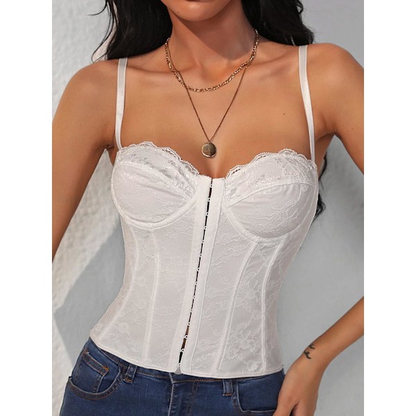 Kvinnors spets trimmad krok och ögla ärmlös Criss Cross rygg korsett Cami Crop Top