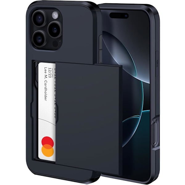iPhone 16 Pro Wallet Case med skjult kortlomme - Trådløs opladningskompatibel iPhone 16 Pro Case med kortholder til mænd og kvinder (Sort) Sort